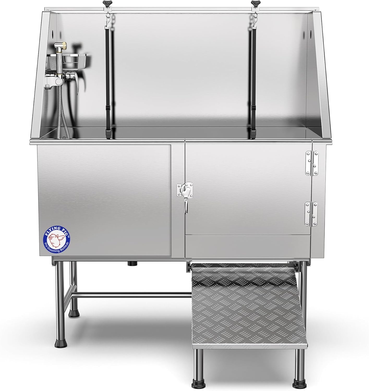 Flying Pig 50" Stainless Steel Pet Dog Grooming Bath Tub with Walk-In Ramp & Accessories (Right Door/Left Drain)