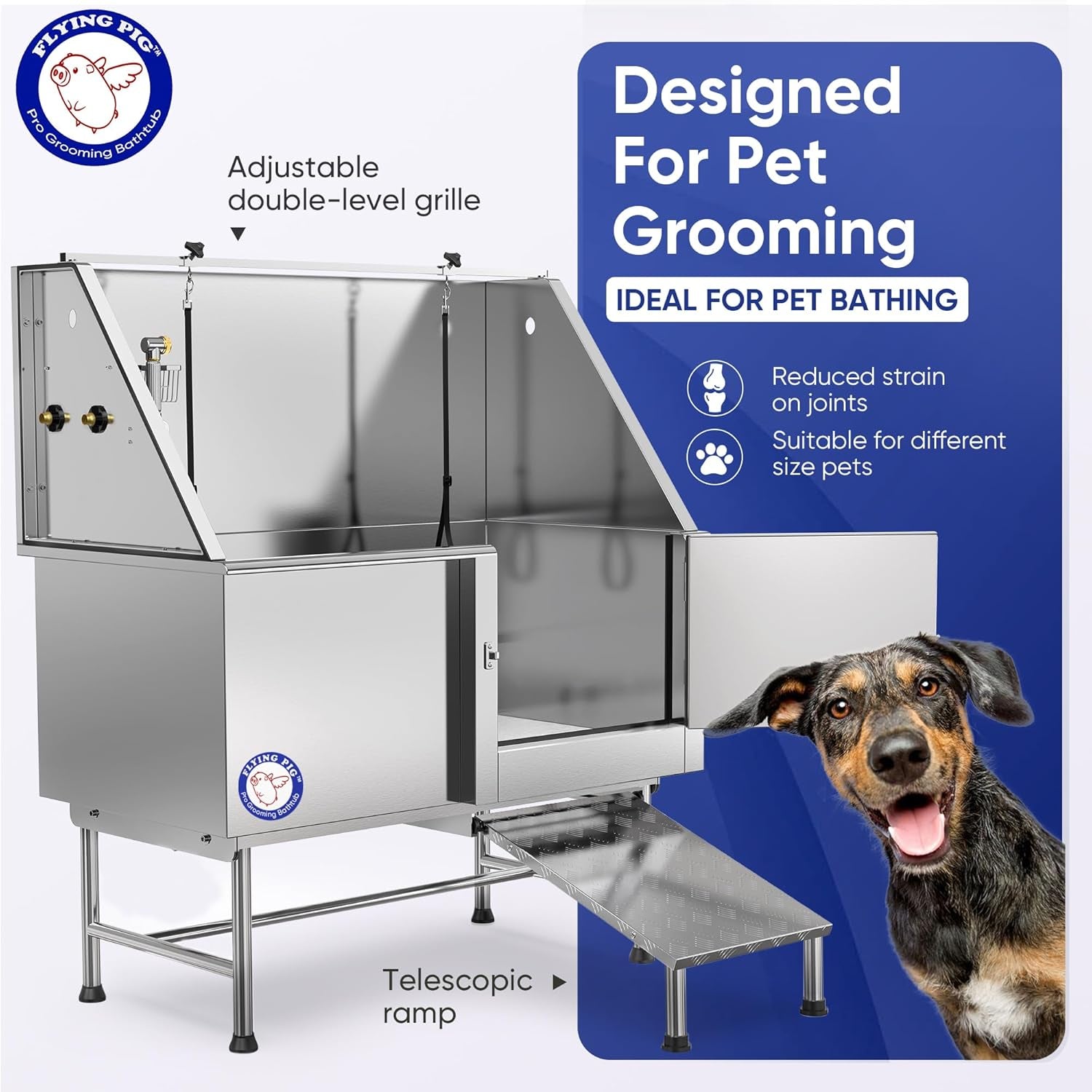 Flying Pig 50" Stainless Steel Pet Dog Grooming Bath Tub with Walk-In Ramp & Accessories (Right Door/Left Drain)