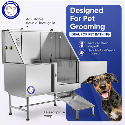 Flying Pig 50" Stainless Steel Pet Dog Grooming Bath Tub with Walk-In Ramp & Accessories (Right Door/Left Drain)