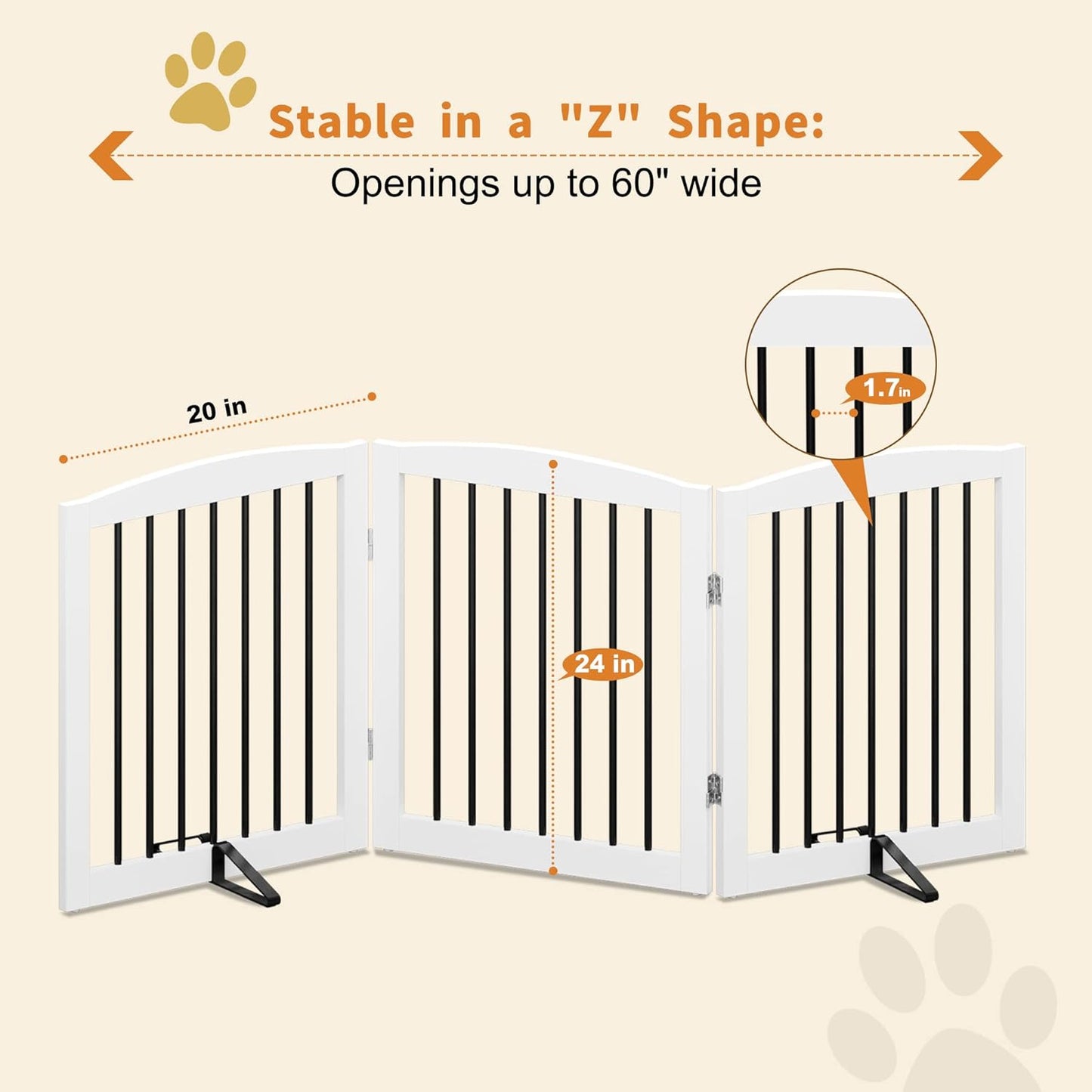 Freestanding Pet Gate for Dogs, Foldable Wooden Dog Gate for House, Indoor Dog G