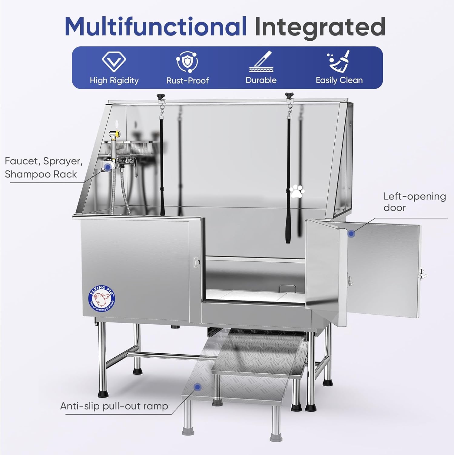 Flying Pig 50" Stainless Steel Pet Dog Grooming Bath Tub with Walk-In Ramp & Accessories (Right Door/Left Drain)