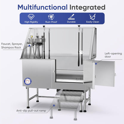 Flying Pig 50" Stainless Steel Pet Dog Grooming Bath Tub with Walk-In Ramp & Accessories (Right Door/Left Drain)