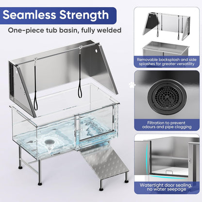 Flying Pig 50" Stainless Steel Pet Dog Grooming Bath Tub with Walk-In Ramp & Accessories (Right Door/Left Drain)