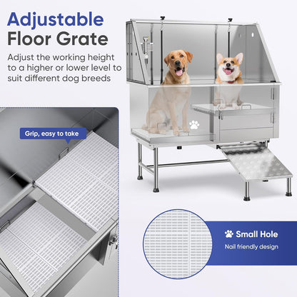 Flying Pig 50" Stainless Steel Pet Dog Grooming Bath Tub with Walk-In Ramp & Accessories (Right Door/Left Drain)